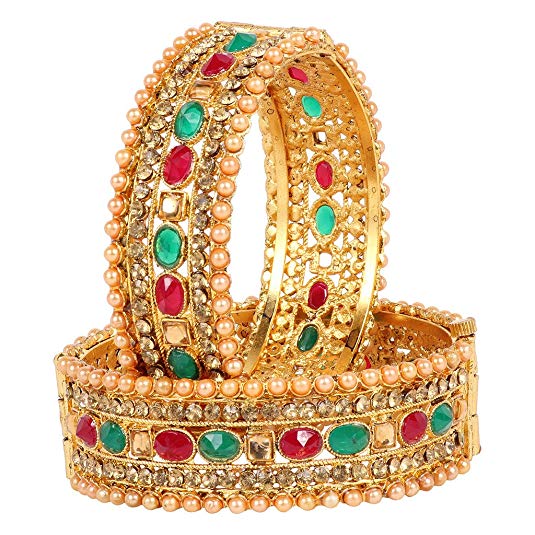 DS Gold plated Polki Kundan Pearl Studded Ethnic Traditional Party wear Multi colour Openable Bracelet Kangan Kada Bangles for women and Girls(DS173)