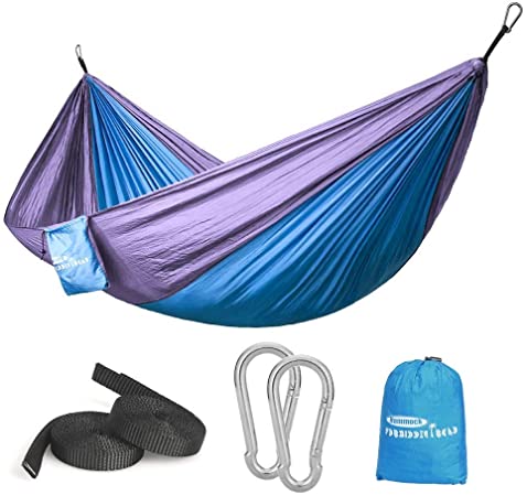 Forbidden Road Hammock Single Double Camping Lightweight Portable Hammock for Outdoor Hiking Travel Backpacking - Nylon Hammock Swing - Support 400lbs Ropes Carabineers (Blue Purple)