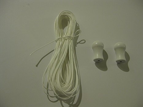 40 Feet: 1.4mm White, Cord, Lift Cord, String for Blinds & Shades   2 White Wood Cord Tassels/Knobs