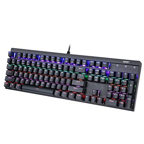 AUKEY Mechanical Keyboard LED-Backlit Blue Switches 104 Keys Waterproof Gaming Keyboard Metal Plate Full Keys Anti-ghosting with Key Cap Puller for Gamers and Typists