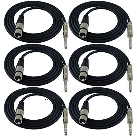 GLS Audio 6ft Patch Cable Cords - XLR Female To 1/4" TRS Black Cables - 6' Balanced Snake Cord - 6 PACK
