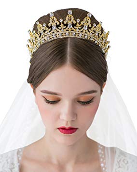 SWEETV Princess Crown CZ Crystal Pageant Queen Tiara Bridal Wedding Headpiece Women Hair Jewelry, Gold Clear
