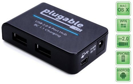 Plugable USB 20 4-Port High Speed Charging Hub with 125W Power Adapter and BC 11 Charging Support for for Android Apple iOS and Windows Mobile Devices