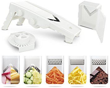 Surpahs V-Blade Mandoline Adjustable Slicer - 5 Stainless Steel Blades - Vegetable and Fruit Slicer, Vegetable Shredder, Spice, and Nut Grater - Professional Grade - Includes Hand Guard and Blade Box