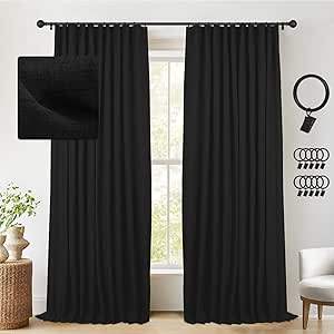 INOVADAY 100% Blackout Curtains 96 Length, Linen Textured Black Out Curtains & Drapes Thermal Curtains for Bedroom Living Room, 1 Panel, W50 x L96, Black