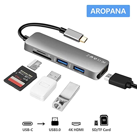 AROPANA USB Type C Hub to HDMI 4K HD USB 3.0 2-Port Card Reader SD TF Data Transfer for Type C laptops (Space Grey)