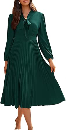 GRACE KARIN Womens 2024 Fall Long Sleeve Dress Casual V Neck Pleated A Line Flowy Midi Dresses