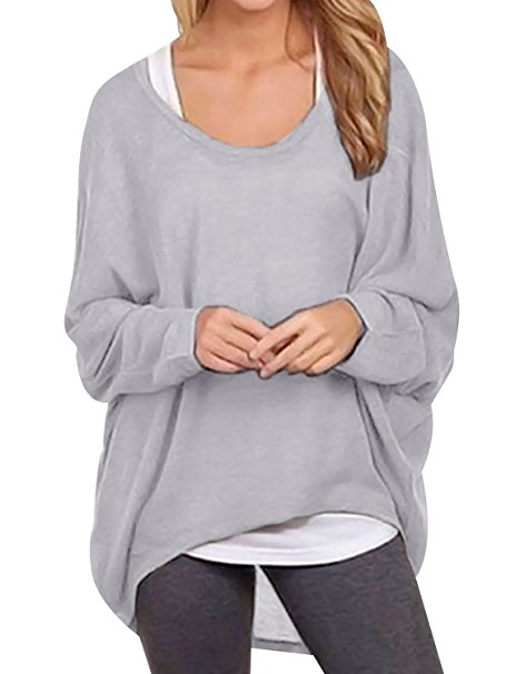 Oryer Womens Casual Oversized Baggy Off Shoulder Shirts Batwing Sleeve Loose Pullover Tops