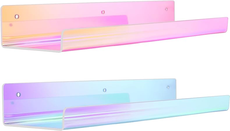 upsimples 2 Pack Acrylic Shelves for Wall Storage, 15" Floating Shelves, Kids Bookshelf, Nail Polish Holder, Perfume Display Shelf Organizer for Bathroom, Bedroom, Living Room, Iridescent