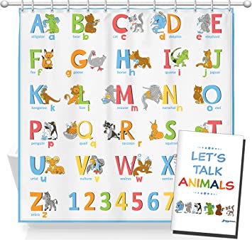 HappyShower Animals ABC Alphabet Shower Curtain for Kids and Babies - Colorful Children's Bathroom Decor - Fun and Educational - Polyester Fabric -Colored Drawings - 12 Hanging Hooks Included - 72x72