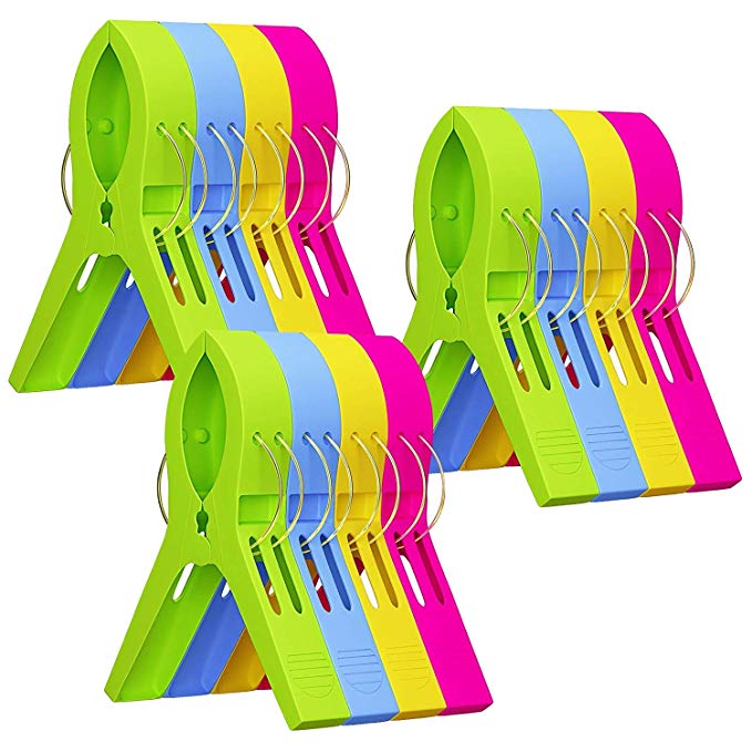 Attmu Beach Towel Clips (12 Pack), Towel Holder in Fun Bright Colors, Keep Towel from Blowing Away