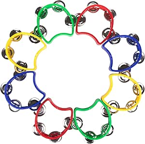 Foraineam 8 Pack Plastic Tambourines Handheld Tambourine Bells Musical Hand Percussion Jingles Music Instrument