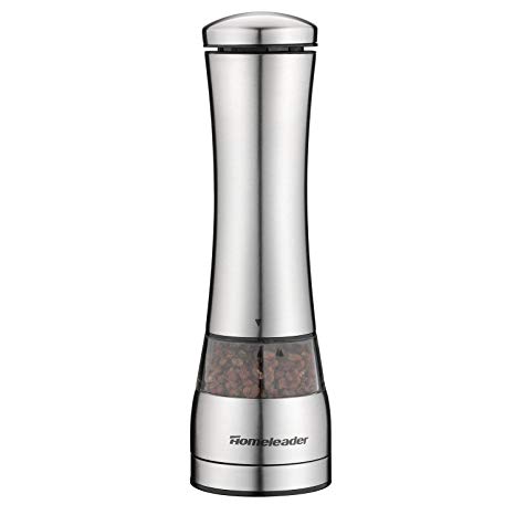 Electric Pepper Grinder or Salt Mill, Stainless Steel Salt and Pepper Grinder with Adjustable Coarseness Ceramic Mechanism, Battery Powered Electric Spice Grinder with LED Light by Homeleader