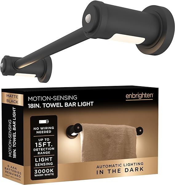 Enbrighten Towel Bar, Motion Sensing, Night Light, Battery Operated, Towel Holder/Hanger/Rack for Bathroom, Kitchen, Matte Black, 79183