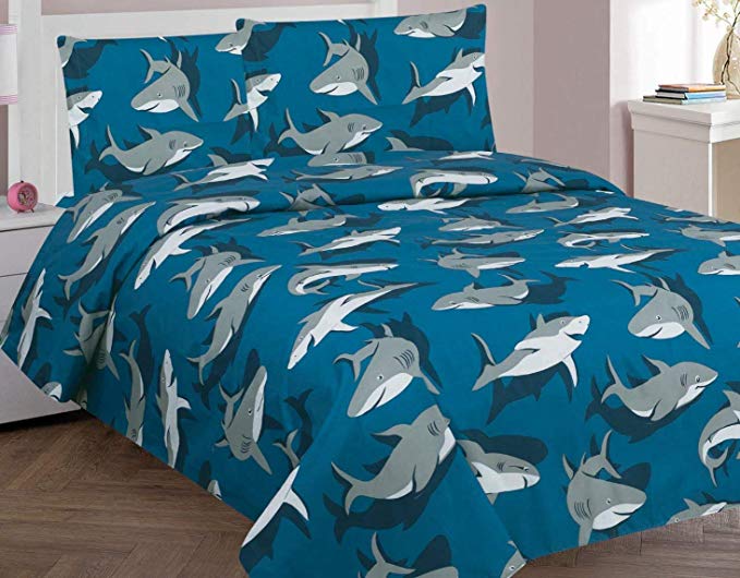 Golden Linens Full Size 4 Pieces Printed Sheet set Multi colors Blue Grey Shark Design Boys/Kids/Teens # Full Sheet Shark