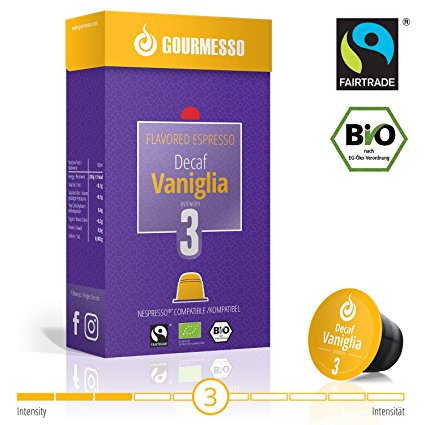 Gourmesso Decaf Vanilla - 10 Nespresso Compatible Flavored Coffee Capsules - Organic and Fair Trade