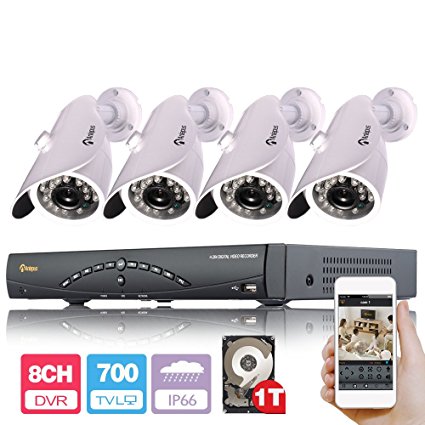 Anlapus Home Security System 8CH HDMI DVR 4pcs 700TVL 24 IR LEDS 20m/65FT Night Vision Outdoor Surveillance Waterproof Ip66 CCTV Security Camera Kits (Include 1T HDD)