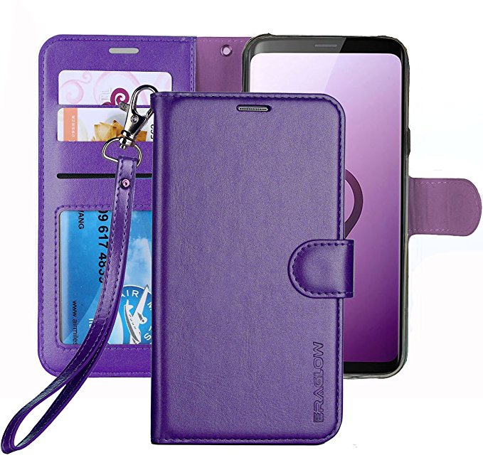 Galaxy S9 Wallet Case, Galaxy S9 Case, ERAGLOW Premium PU Leather Wallet Flip Protective Case Cover with Card Slots and KickStand for Samsung Galaxy S9 (Purple)