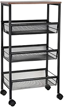 NEX Rustic Kitchen Cart on Wheels, 3-Tier Wire Storage Cart, MDF Wood Top and Metal Frame