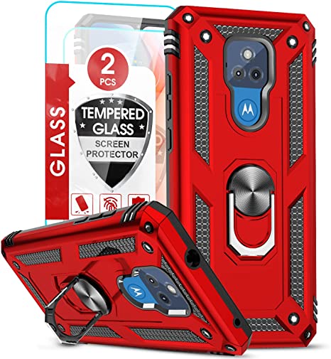 Moto G Play Case (2021), Motorola G Play 2021 Case for Women with [2Pack] Tempered Glass Screen Protector, LeYi [Military-Grade] Protective Phone Cover with Kickstand for Moto G Play 2021, Red