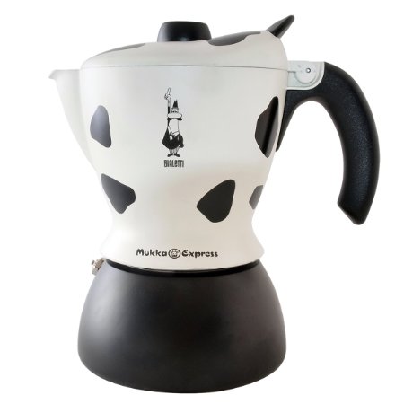 Bialetti Mukka Express 2-Cup Cow-Print Stovetop Cappuccino Maker, Black and White