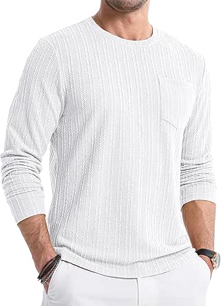 JMIERR Men's Long Sleeve Shirts Casual Crewneck Pullover T-Shirt Stretch Textured Knit Tee with Pocket