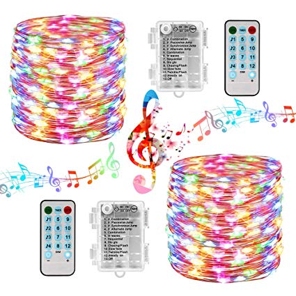 100 LED Fairy Lights 33ft Sound Activated Battery Operated String Lights - 2 Pack Waterproof Fairy String Lights with Remote Timer for Bedroom Wedding Festival Indoor Outdoor Decor (Multicolor)