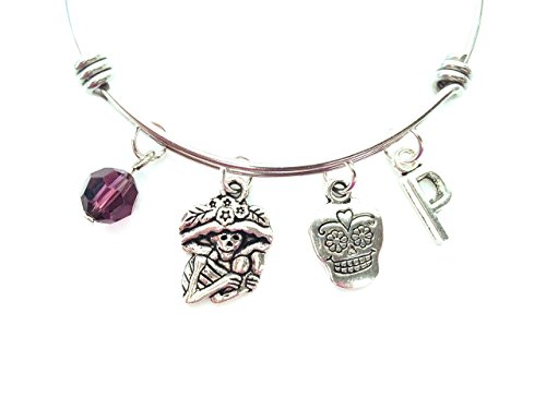 Day of the Dead / Dia de los Muertos themed personalized bangle bracelet. Antique silver charms and a genuine Swarovski birthstone colored element.