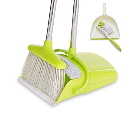 BristleComb Broom and Dustpan Set - Variable Handle Length Broom and Dustpan - Includes: Hand Brush and Dustpan Combo - Lightweight and Upright Stand for Cleaning Your Kitchen, Home, and Lobby (Green)