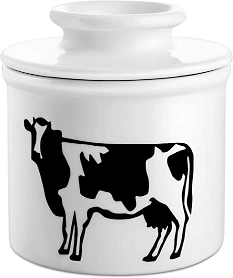 DOWAN Porcelain Butter Keeper Crock, French Butter Dish with Lid, Cow Butter Dish, No More Hard Butter, White