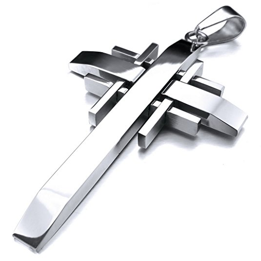 Men's Stainless Steel Pendant Necklace Silver Tone Cross -with 23 inch Chain
