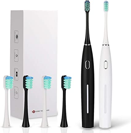 2 Sonic Electric Toothbrushes 5 Modes 6 Brush Heads Powered Toothbrush 4 Hours Charge Minimum Use 30 Days, Built-in Smart Timer USB Rechargeable Toothbrushes for Couple & Families(1 Black and 1 White)