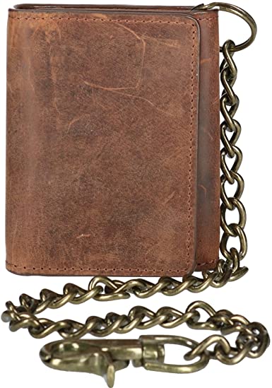 CTM Men's Crazy Horse Leather RFID Trifold Chain Wallet