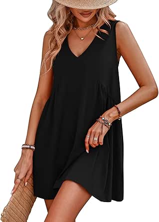 ThusFar Women's Casual Summer Sleeveless V Neck Short Swing Mini Tank Babydoll Dress Loose Beach Sundress with Pockets