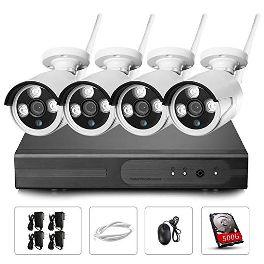 iSmart 4 Channel Wifi Wireless NVR with 4 720P Bullet IP Camera Security System, 500GB HDD Pre-installed, Audio Recorder N Clear Night Vision
