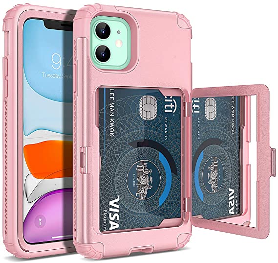 WeLoveCase iPhone 11 Wallet Case Defender Wallet Credit Card Holder Cover with Hidden Mirror Three Layer Shockproof Heavy Duty Protection All-Round Armor Protective Case for Apple iPhone 11 Pink