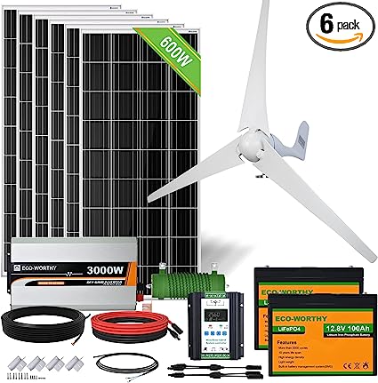 ECO-WORTHY 1000W 4KWH Solar Wind Power Kit: 1*400W Wind Turbine   6*100W Solar Panel   2*12V 100Ah Lithium Battery   1*24V 3000W Inverter for Home/RV/Boat/Farm/Street Light and Off-Grid Appliances