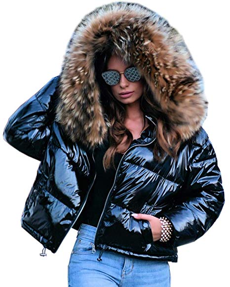 Aofur Womens Ladies Quilted Winter Coat Fur Collar Hooded Down Jacket Parka Outerwear