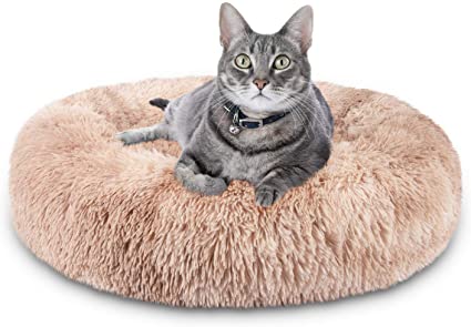 JOEJOY Calming Dog Bed Donut Cuddler, 16inch Round Pet Cat Bed Faux Fur Anti-Anxiety Machine Washable Warming Fluffy Orthopedic Puppy Beds for Small Dogs and Cats