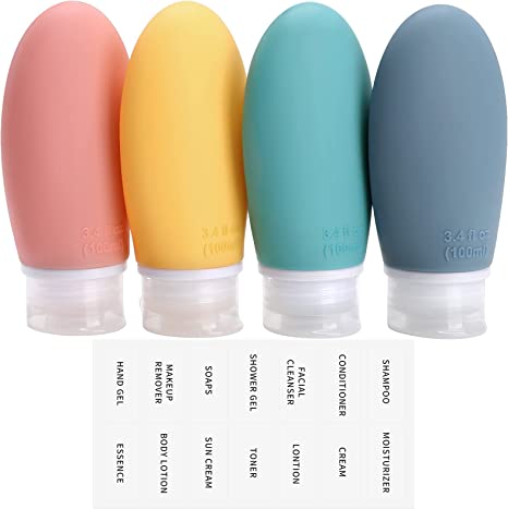 100ml Silicone Travel Bottle, Opret 4 Pack Leak Proof Refillable Squeezable Containers with Lable 3.4oz for Shampoo, Conditioner and Toiletries, BPA Free and TSA Approved