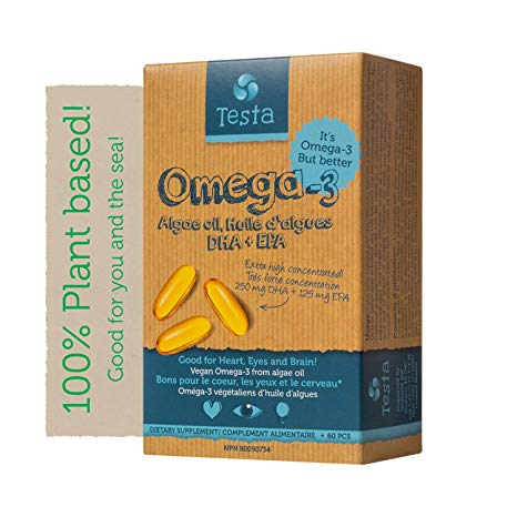 Testa - Vegan Omega 3 - much Healthier than Fish Oil - plant based GMO-free Omega-3 DHA   EPA from Algae oil - Pure and Vegan - Testa Omega 3-60 capsules