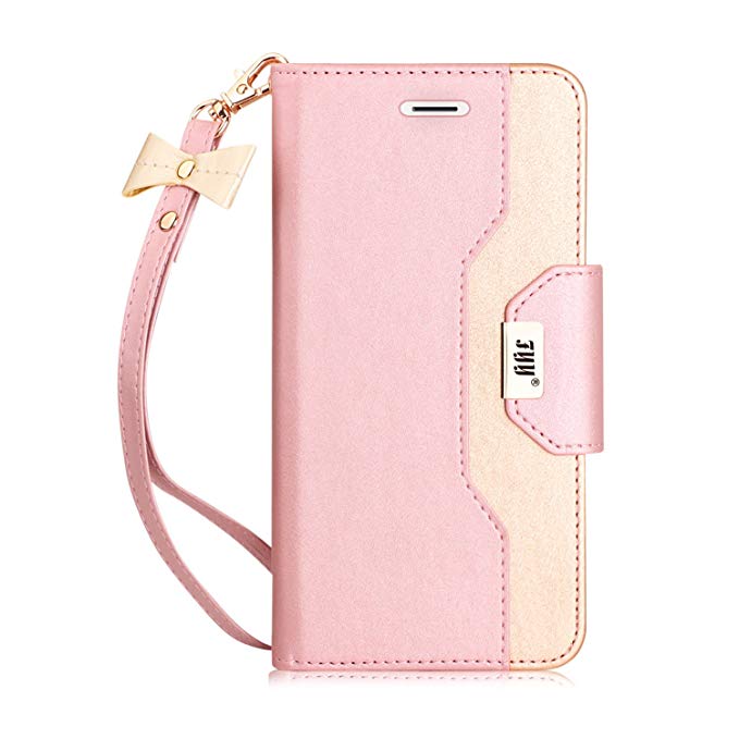 FYY Leather Case with Mirror for iPhone 6S Plus/iPhone 6 Plus, Leather Wallet Flip Folio Case with Mirror and Wrist Strap for iPhone 6S Plus/6 Plus Pink