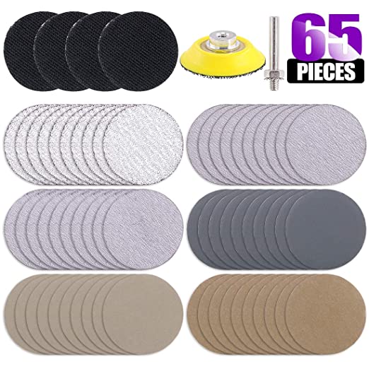 Swpeet 65Pcs 2 Inch High Performance Assorted Grit 60 320 800 2500 4000 7000 White Dry and Waterproof Hook Loop Sanding Discs with 2" Sanding Pad 1/4 inch Shank and Soft Foam-Backed Interface Buffer