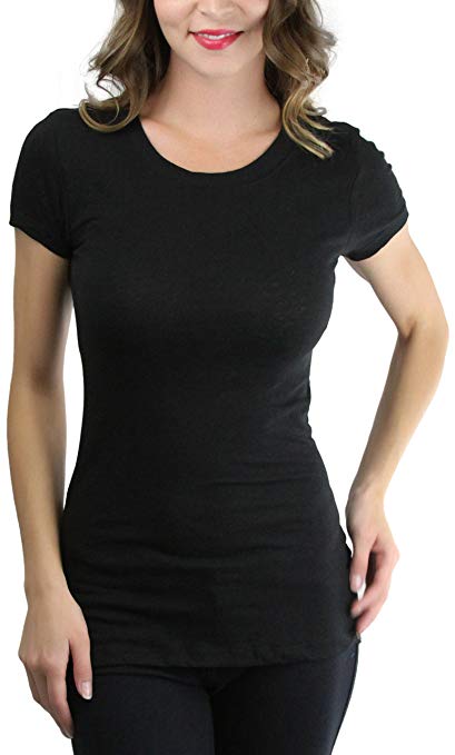 ToBeInStyle Women's Slim Fit Crew Neck Short Sleeve Longline Tee