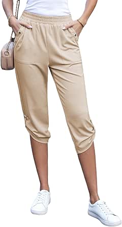 EVALESS Womens Capri Pants Elastic High Waisted Cropped Tapered Pants with Pockets