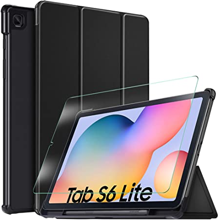 IVSO Cover Case with Screen Protector for Samsung Galaxy Tab S6 lite, Slim PU Cover Case with Clear Tempered Screen Protector for Samsung Galaxy Tab S6 lite 10.4 inch 2020, Black   1 Pack