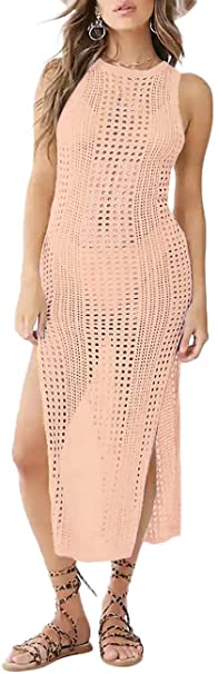 Bsubseach Crochet Cover Ups for Women Hollow Out Sleeveless Bikini Swimsuit Swimwear Side Split Long Beach Dresses