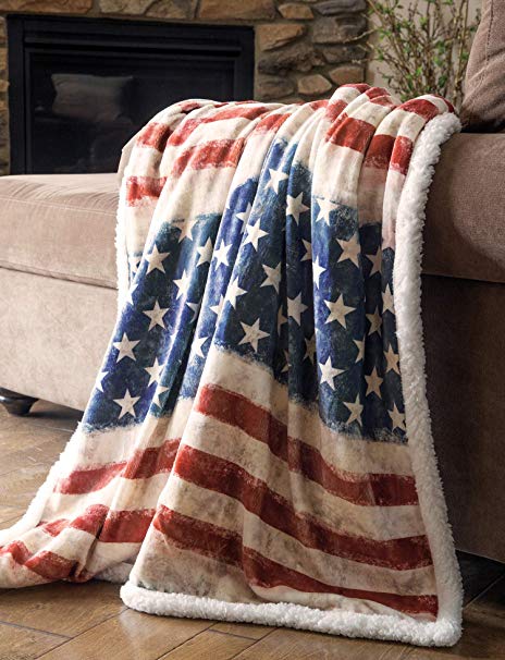 Carstens, Inc Carstens Wrangler Stars & Stripes USA American Flag Sherpa Fleece 54x68 Throw Blanket, White