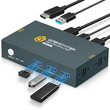 USB3.0 KVM Switch 2 Port HDMI, 4K@60Hz KVM Switch 1 Monitors 2 Computers with 3 USB3.0 Ports, HDMI KVM Switches for 2 PCs Share 1 Monitors and USB Devices, Support Button Switch, EDID