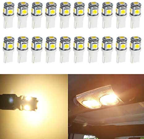 JAVR - Pack of 20 - Bright Warm White 194 T10 168 2825 W5W Car Interior Replacement LED Light Bulb - 5th Generation 5050 Chipsets 5SMD Lighting Source for 12V License Plate Map Dome Lights Lamp